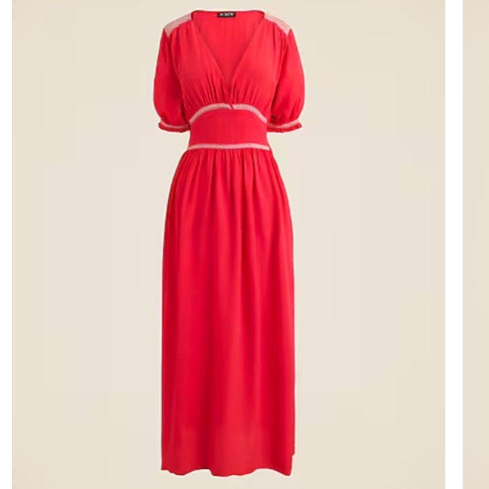 J Crew Smocked Trim Maxi Dress Red Crepe De Chine NWT Sz 6 Tie In Back - Picture 3 of 14